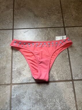 aerie Coral Pink Bikini Bottom with Blue Studs